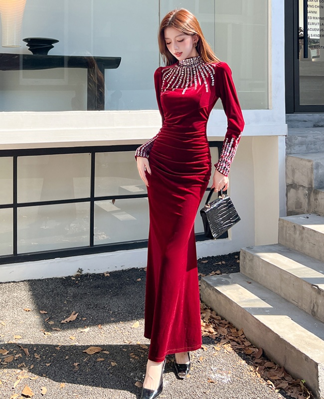 Autumn rhinestone dress fashion package hip long dress