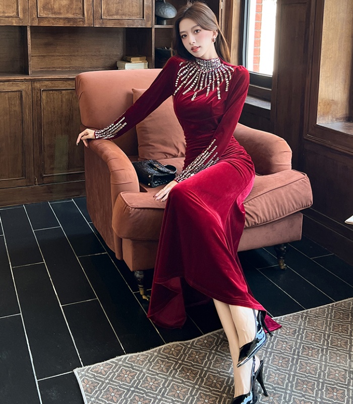 Autumn rhinestone dress fashion package hip long dress