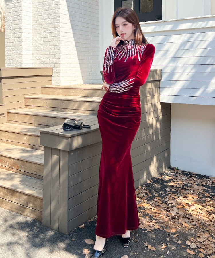 Autumn rhinestone dress fashion package hip long dress