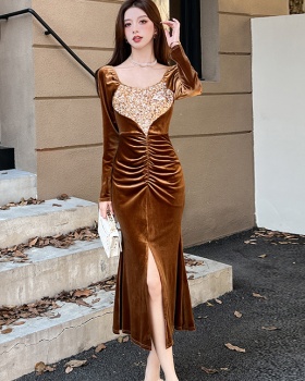 Package hip autumn long dress golden velvet fashion dress
