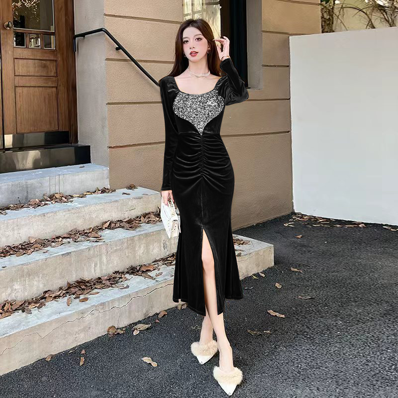 Package hip autumn long dress golden velvet fashion dress