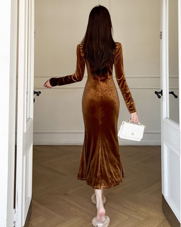 Package hip autumn long dress golden velvet fashion dress