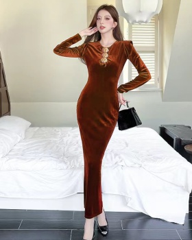 Golden velvet package hip long dress single-breasted dress