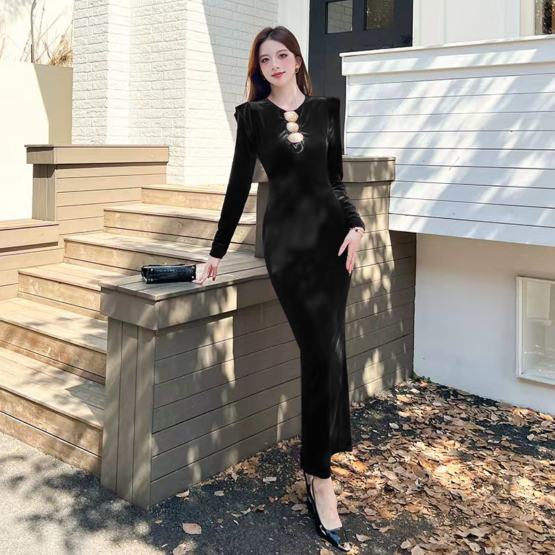 Golden velvet package hip long dress single-breasted dress