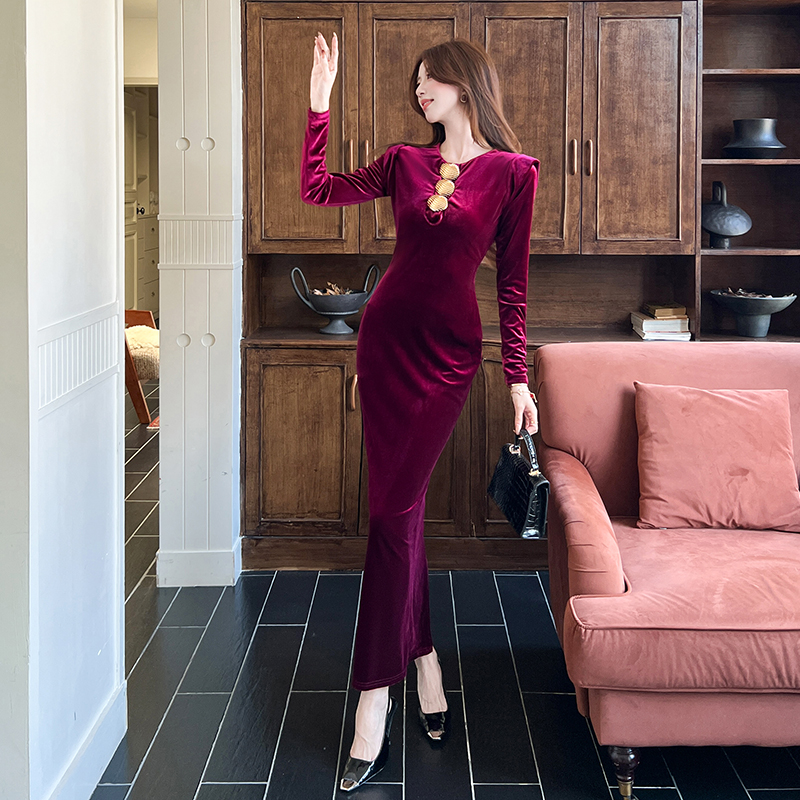 Golden velvet package hip long dress single-breasted dress