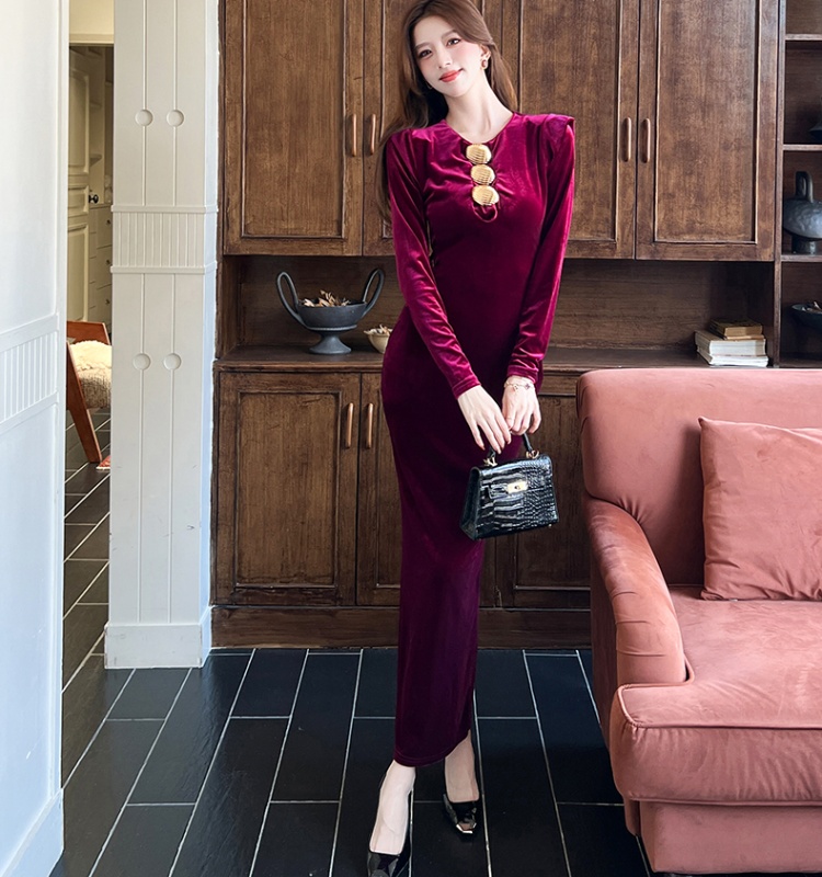 Golden velvet package hip long dress single-breasted dress