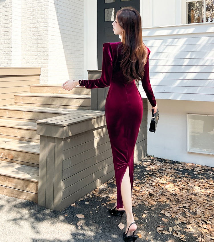 Golden velvet package hip long dress single-breasted dress
