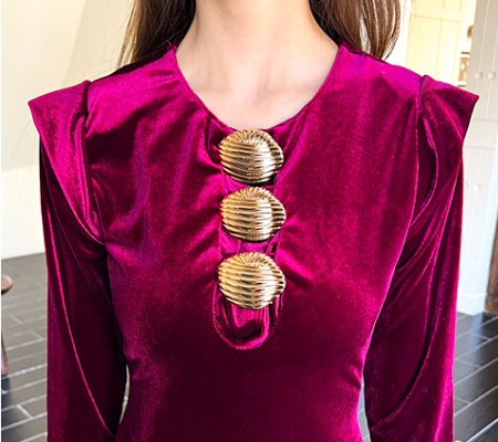 Golden velvet package hip long dress single-breasted dress