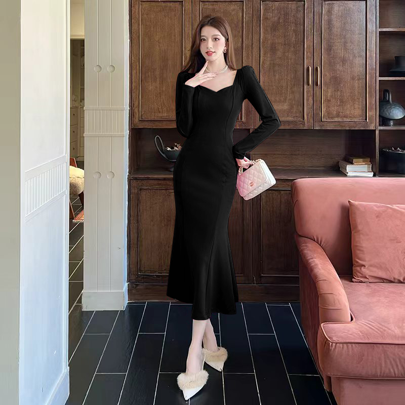 Mermaid fashion dress square collar package hip long dress