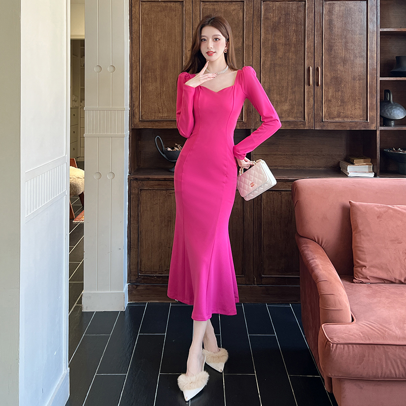 Mermaid fashion dress square collar package hip long dress