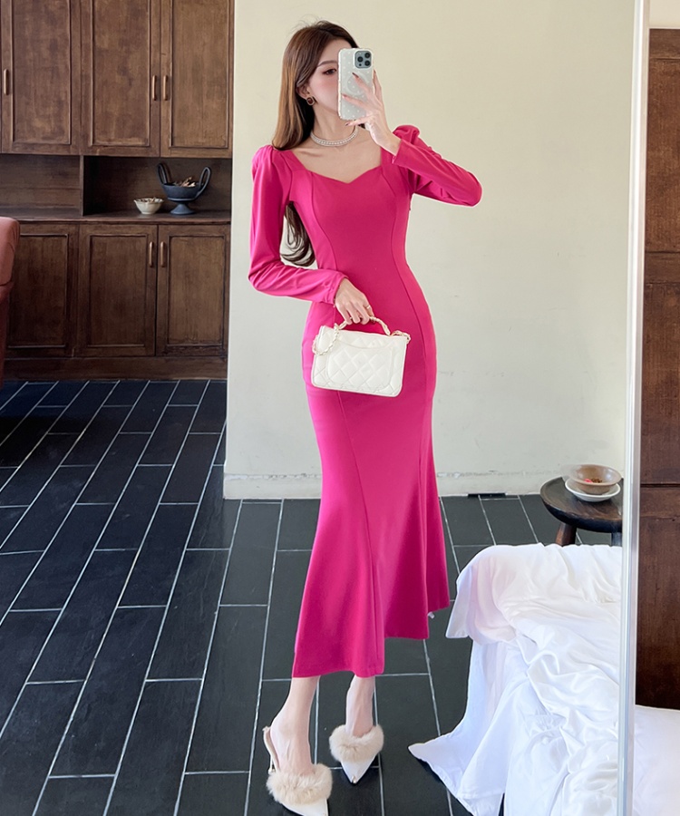 Mermaid fashion dress square collar package hip long dress