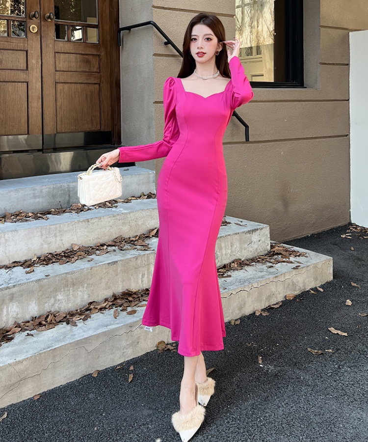 Mermaid fashion dress square collar package hip long dress