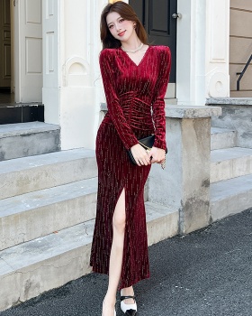 Package hip autumn fashion long dress V-neck split dress