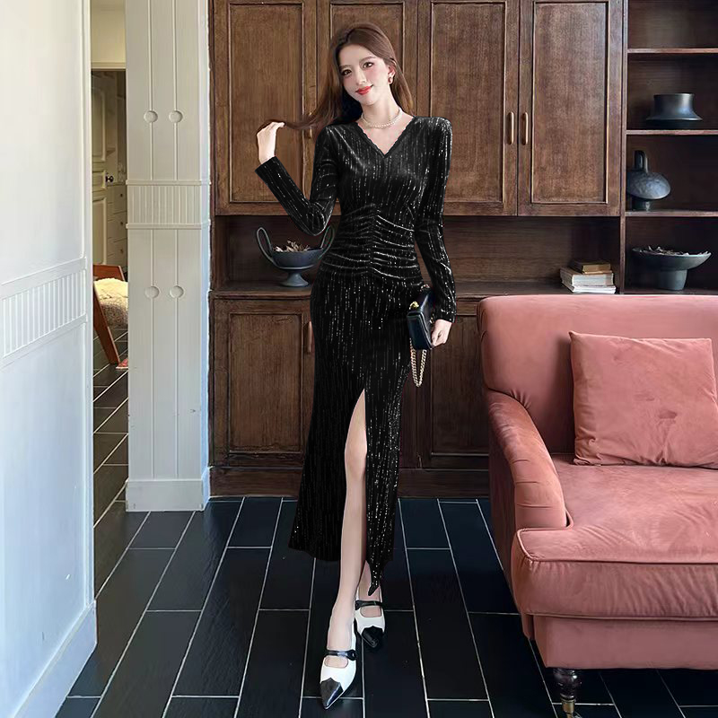 Package hip autumn fashion long dress V-neck split dress