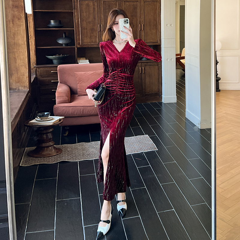 Package hip autumn fashion long dress V-neck split dress