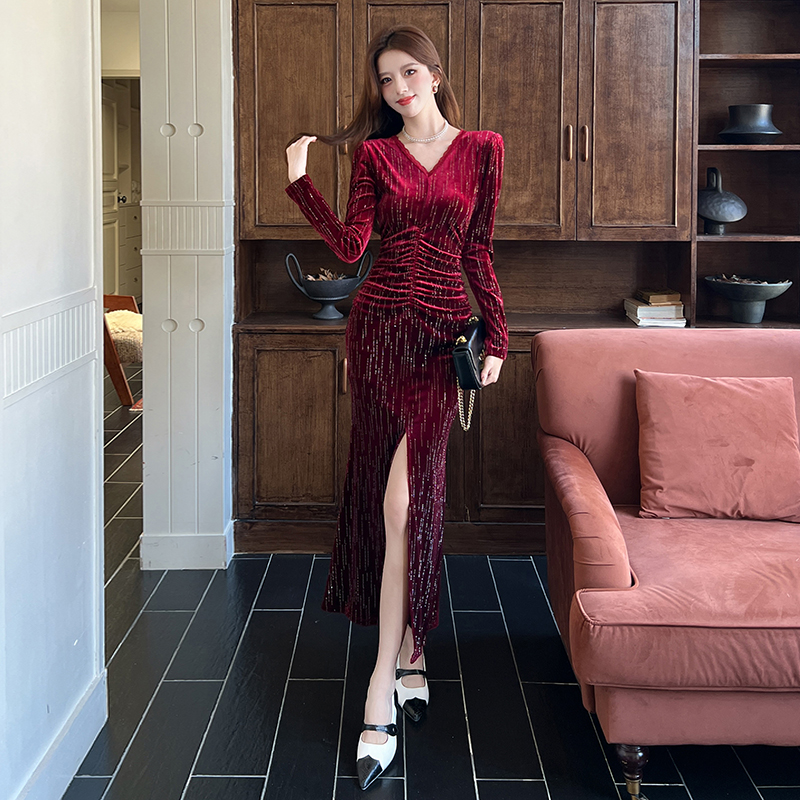 Package hip autumn fashion long dress V-neck split dress