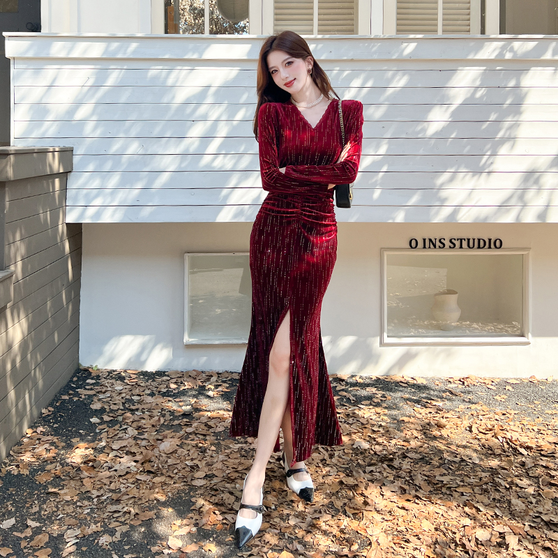 Package hip autumn fashion long dress V-neck split dress