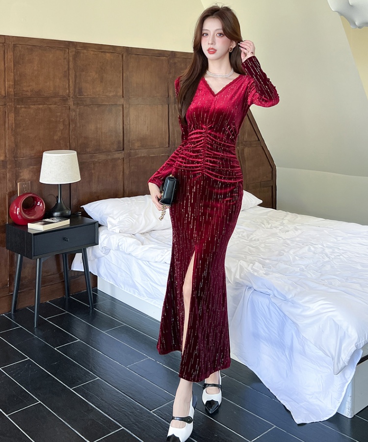 Package hip autumn fashion long dress V-neck split dress