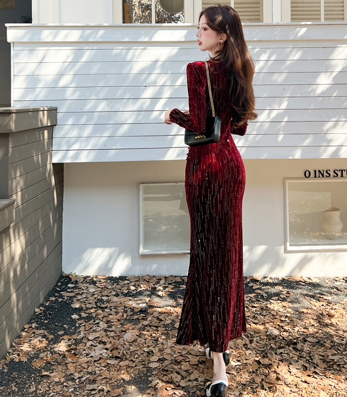 Package hip autumn fashion long dress V-neck split dress