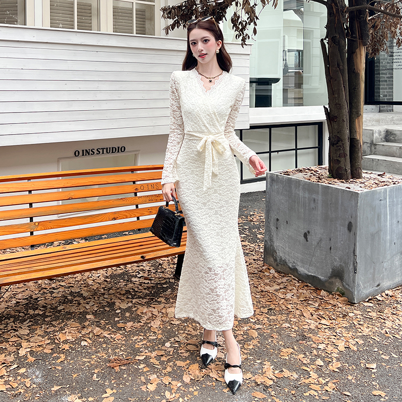 Fashion V-neck dress lace autumn long dress