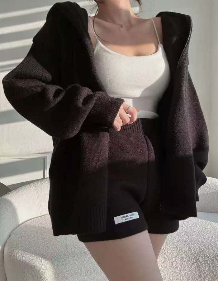 Simple hooded coat knitted sweater a set for women