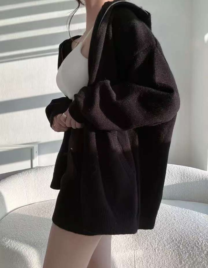 Simple hooded coat knitted sweater a set for women