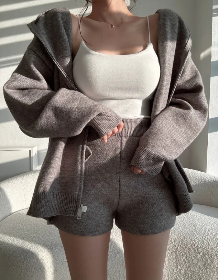 Simple hooded coat knitted sweater a set for women