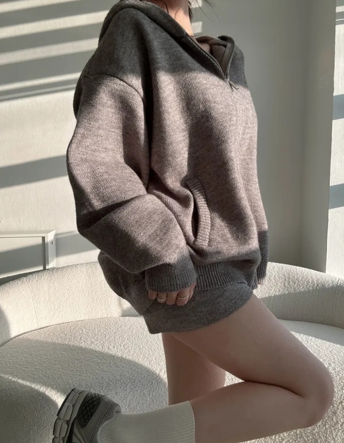 Simple hooded coat knitted sweater a set for women
