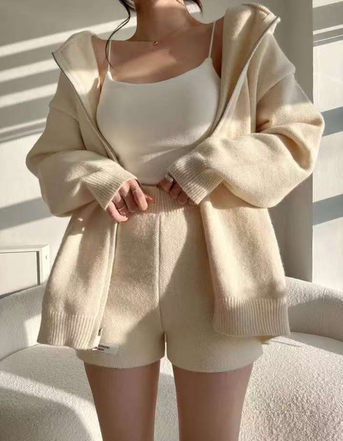 Simple hooded coat knitted sweater a set for women
