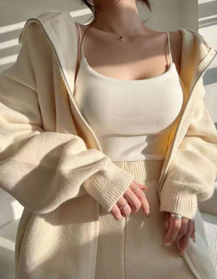 Simple hooded coat knitted sweater a set for women
