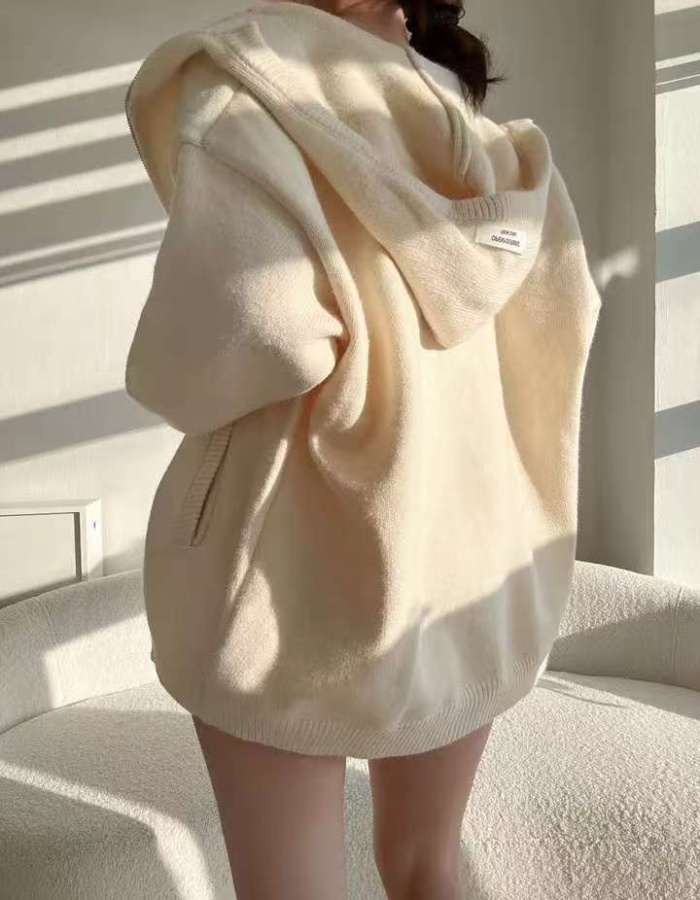 Simple hooded coat knitted sweater a set for women