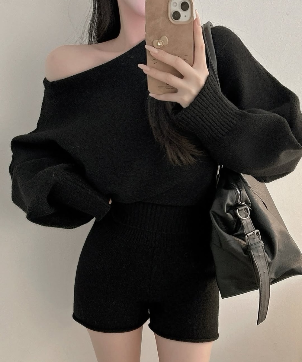 Autumn knitted shorts horizontal collar high waist sweater a set