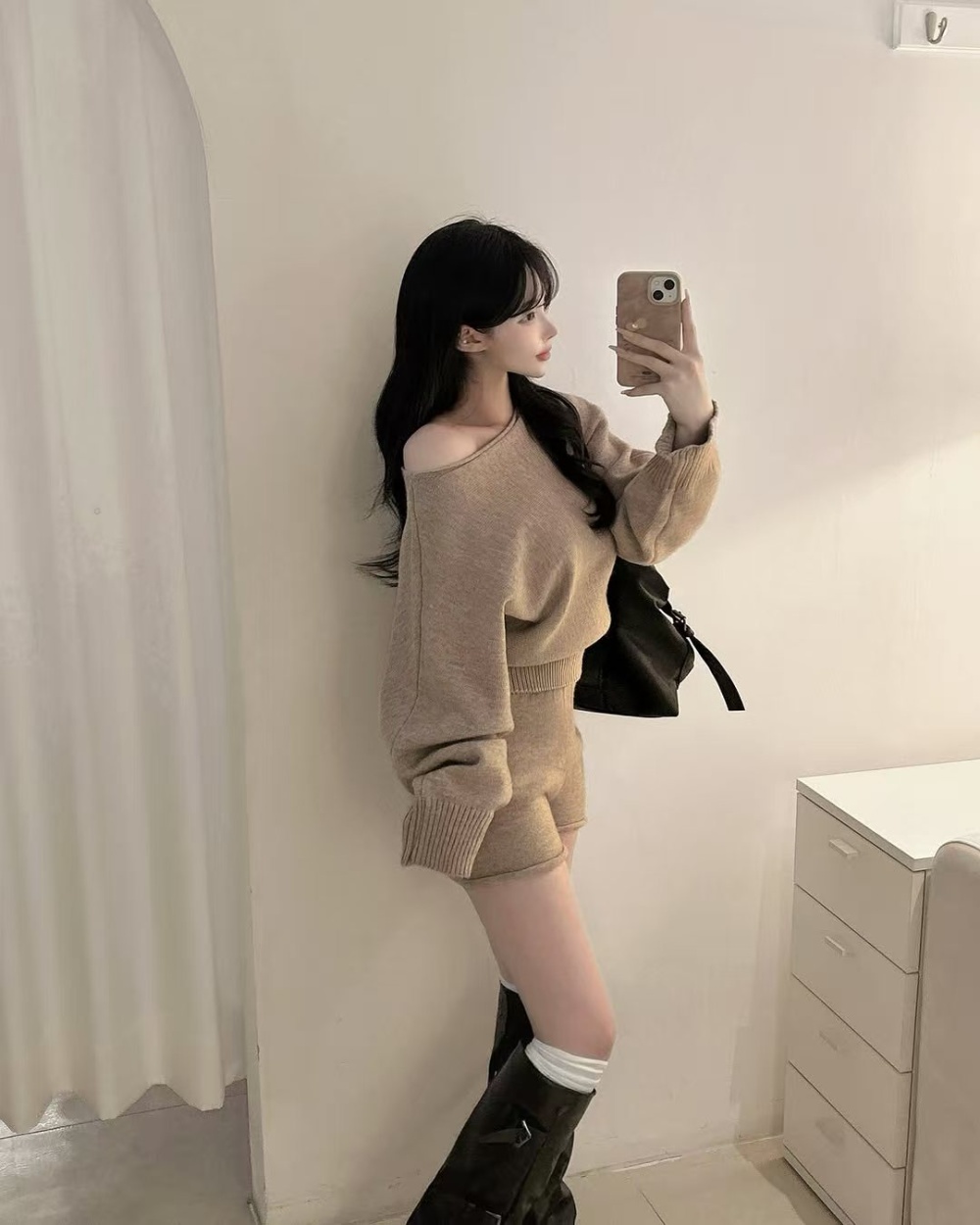 Autumn knitted shorts horizontal collar high waist sweater a set