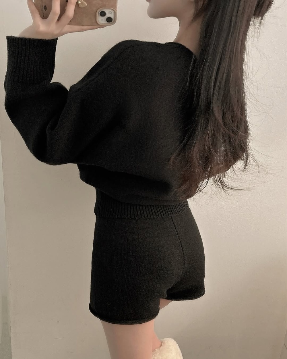 Autumn knitted shorts horizontal collar high waist sweater a set