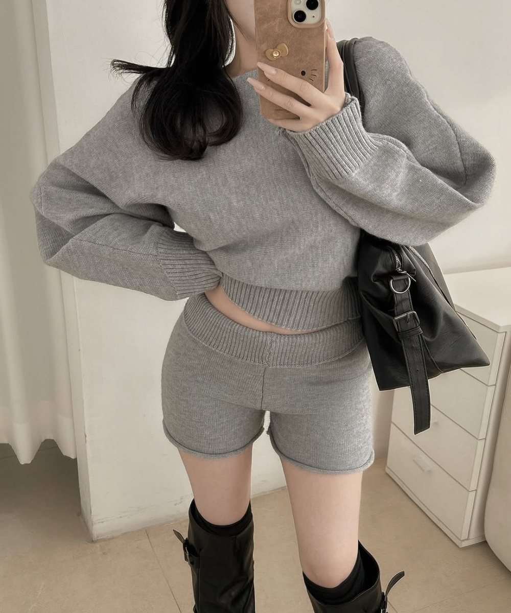 Autumn knitted shorts horizontal collar high waist sweater a set