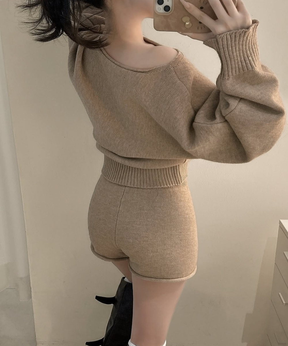 Autumn knitted shorts horizontal collar high waist sweater a set
