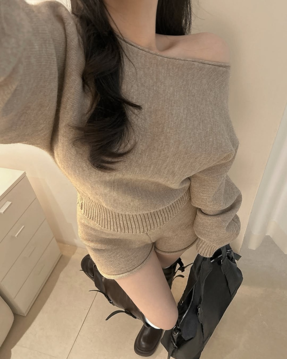 Autumn knitted shorts horizontal collar high waist sweater a set