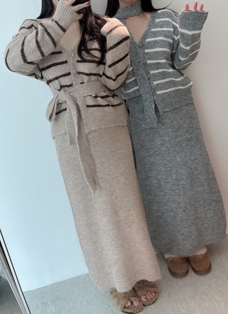 Lazy streamer skirt Korean style stripe sweater for women