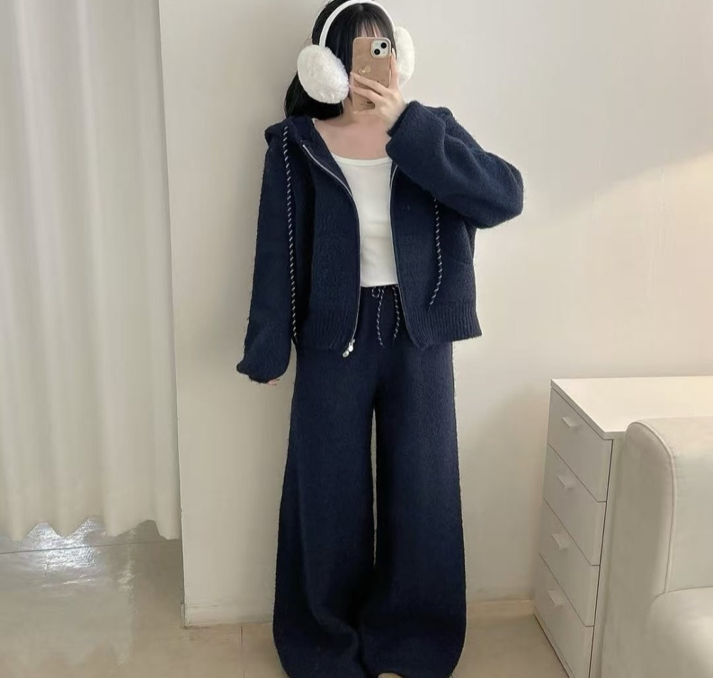 Casual hooded coat knitted all-match sweater 2pcs set