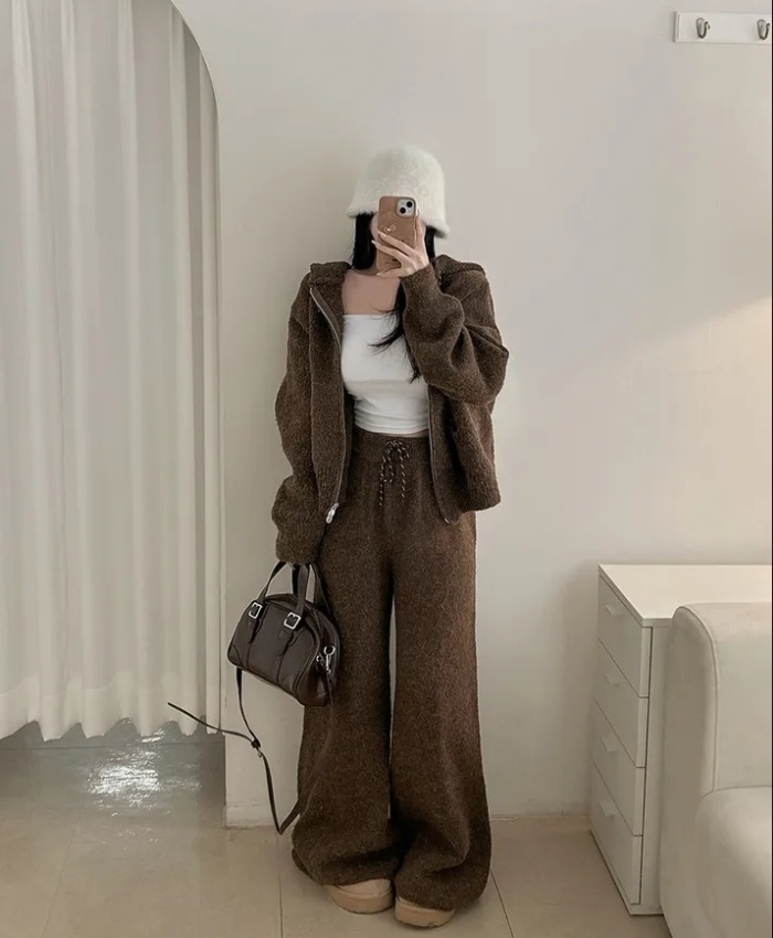 Casual hooded coat knitted all-match sweater 2pcs set
