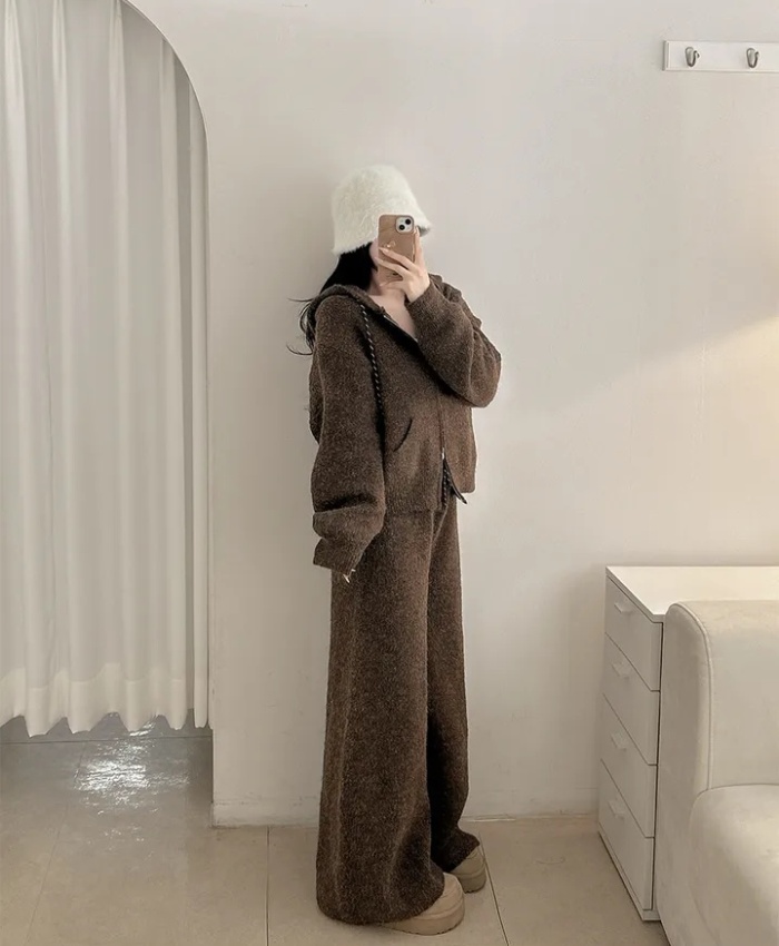 Casual hooded coat knitted all-match sweater 2pcs set