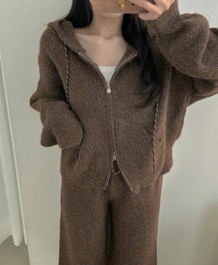 Casual hooded coat knitted all-match sweater 2pcs set