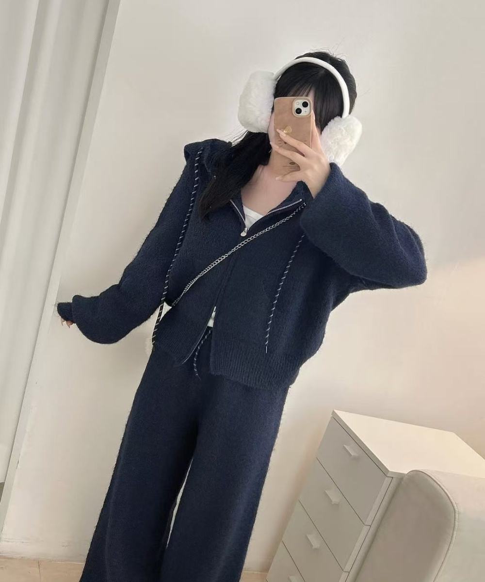 Casual hooded coat knitted all-match sweater 2pcs set