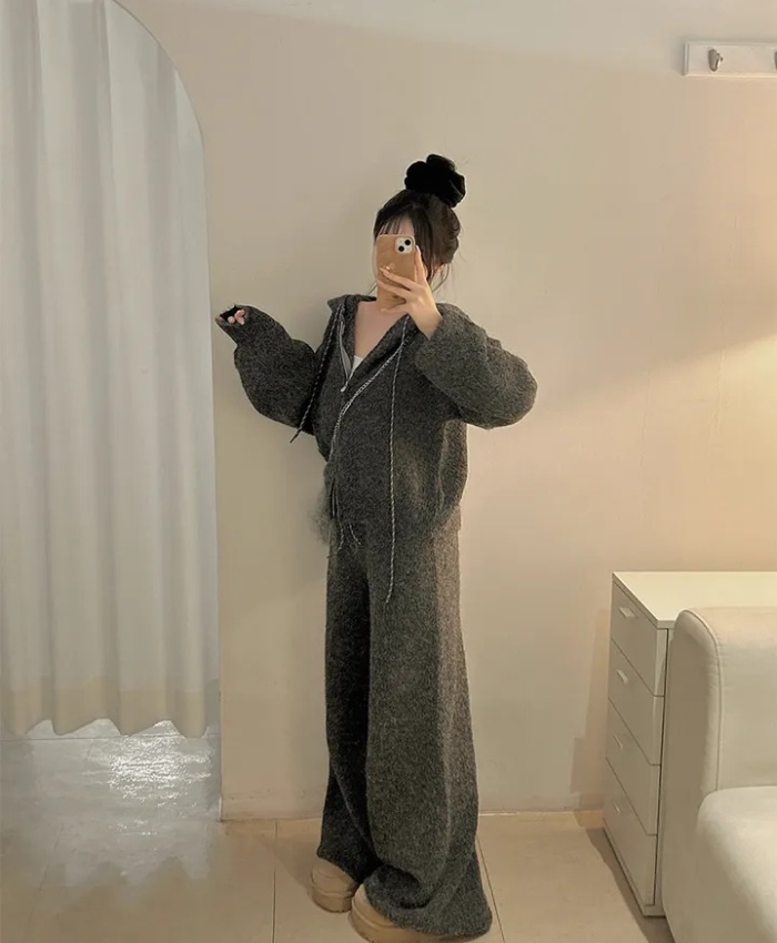 Casual hooded coat knitted all-match sweater 2pcs set