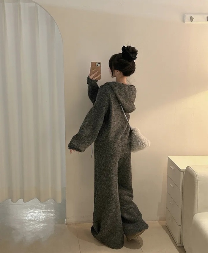 Casual hooded coat knitted all-match sweater 2pcs set