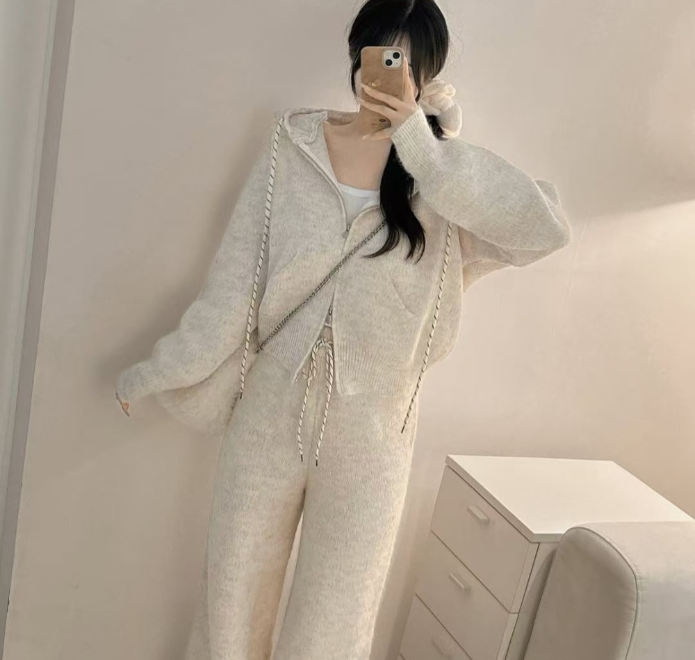 Casual hooded coat knitted all-match sweater 2pcs set
