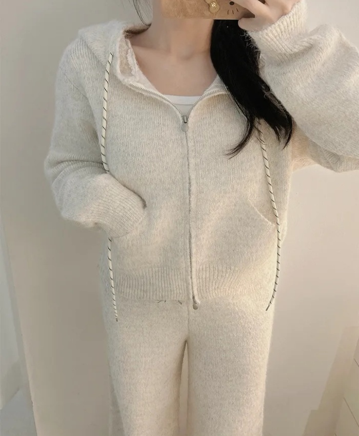 Casual hooded coat knitted all-match sweater 2pcs set