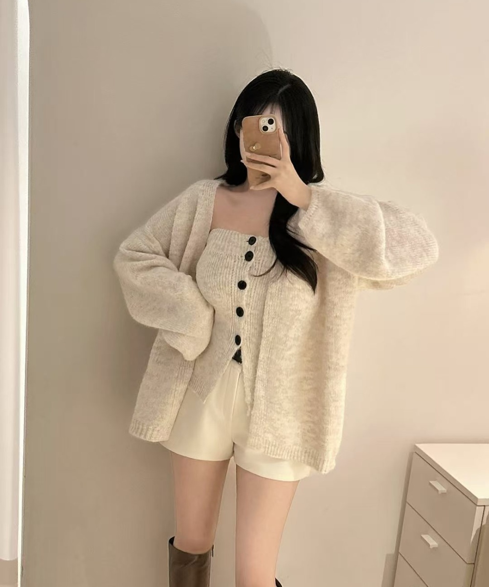 Knitted cardigan wrapped chest vest a set for women