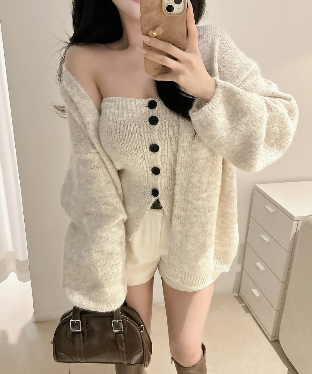 Knitted cardigan wrapped chest vest a set for women