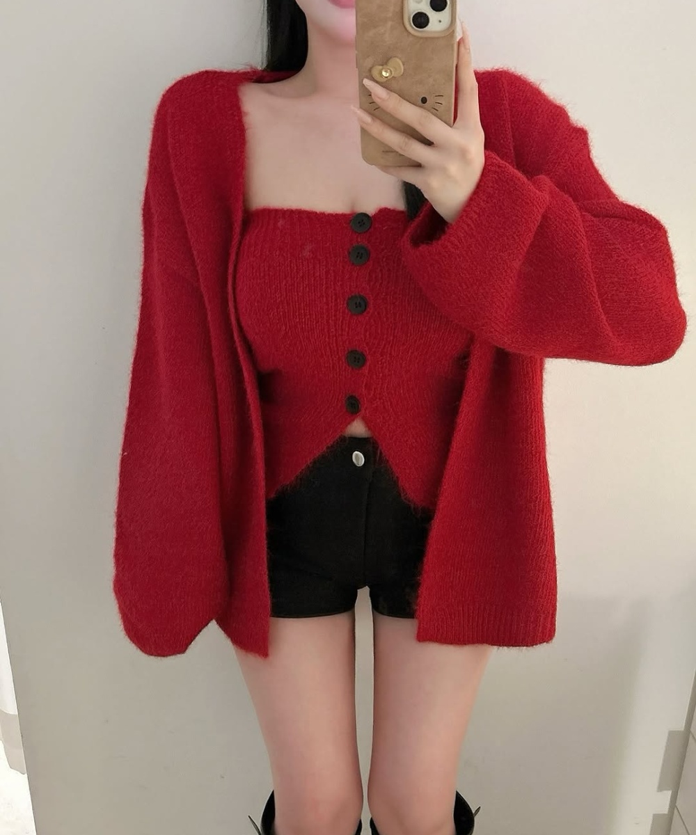 Knitted cardigan wrapped chest vest a set for women